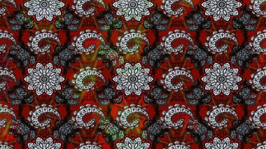 Desen, çizim, çiçek sınırı. Eski moda arka plan. Çiçek çelengi. Raster illüstrasyonu. Güzel, parlak, pürüzsüz kumaş, tuval. Kıvırcık, parlak örgü.