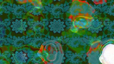 Parlak çiçekli yeşil ve mavi renkler üzerine soyut çizim deseni. Çiçeksel elementlerle süslenmiş zarif raster dokusu. Küçük çiçekte şirin bir çiçek deseni var..