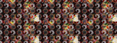 Modern çiçek arkaplanı. Moda baskıları için zarif bir şablon. Parlak renkli çiçekleri ve siyah ve gri renkli yaprakları olan harika bir çiçek deseni. Halk stili.