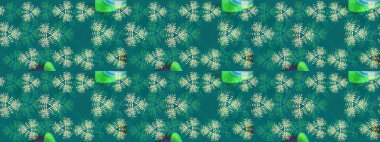 Küçük çiçekte hoş bir çiçek deseni var. Mavi ve yeşil renklerde parlak çiçekli, soyut, pürüzsüz desen. Çiçek elementli zarif raster dokusu..