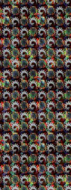 1950-1960 motifleri. Siyah ve kahverengi üzerine siyah ve kahverengi. El çizimi çiçek unsurları olan soyut çizim raster deseni. Çiçekli ipek eşarp. Retro tekstil tasarım koleksiyonu.