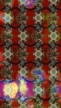 Kahverengi ve kırmızı renkte çiçekler. Gömlek baskısı için çiçek boyası. Çiçek eskiz kalıbı geçmişi.