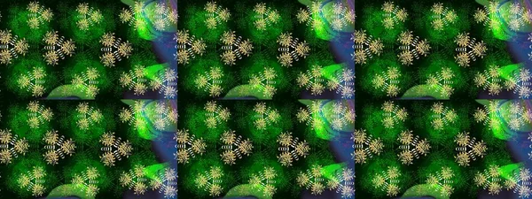 Çiçek ve yapraklı karalama şeklinde Raster çiçek deseni. Raster illüstrasyonu. Yeşil ve mavi renklerde bahar çiçekleri..