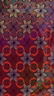 Renkli Bahar Teması eskiz kalıbı. Raster illüstrasyonu. Asya tekstil tarzında. Çiçek desenli çizim. Kahverengi ve kırmızı renkte çiçekler. Düz Çiçek Elementleri Tasarımı.