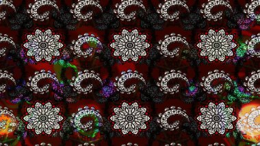 Çiçek desenli çizim. Raster illüstrasyonu. Asya tekstil tarzında. Siyah ve kahverengi renkte çiçekler. Raster illüstrasyonu.