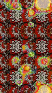 Renkli süs kenarı. Hint süsü. Çizim kalıbı. Raster illüstrasyonu. Çiçek duvar kağıdı. Gri ve kırmızı renklerde.