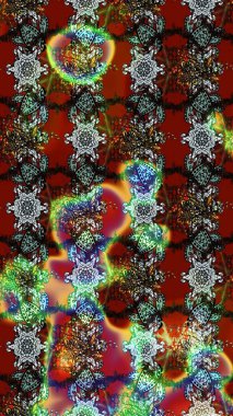 Parlak çiçekli kırmızı ve kahverengi renkler üzerine soyut çizim deseni. Çiçeksel elementlerle süslenmiş zarif raster dokusu. Küçük çiçekte şirin bir çiçek deseni var..