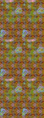 Renkli desenli eskiz deseni, kahverengi ve yeşil çiçekler ve dekoratif elementler. Eskiz geçmişi. Raster illüstrasyonu. Kumaş, tekstil, duvar kağıdı baskısı için. Antika retro tarzı.