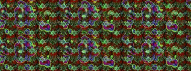 Abstract sketch raster pattern with hand drawn floral elements. Silk scarf with blooming flowers. Retro textile design collection. 1950s-1960s motifs. Green and red on green and red.