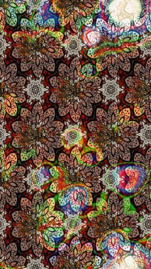 Kumaş, tekstil, duvar kağıdı baskısı için. Eski usul. Raster illüstrasyonu. Eskiz geçmişi. Renkli desenli eskiz deseni, kahverengi ve siyah çiçekler ve dekoratif elementler.