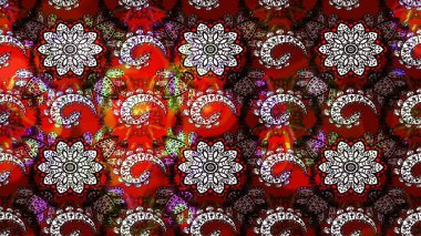 Kırmızı ve siyah renkte etnik çiçeklerle süslenmiş zarif bir eskiz şekli. Asya Tekstil 'inde Raster Çiçek İllüstrasyonu.