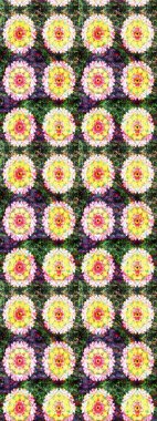 Millefleur 'lar. Tekstil, kumaş, kapaklar, duvar kağıtları, baskı, naylon, koleksiyon defteri, örgü, dekupaj için güzel bir eskiz. Küçük sarı ve yeşil renkte güzel bir besin torbası deseni, çiçekler..