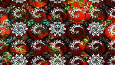 Raster illüstrasyonu. Kırmızı ve siyah renklerde. Taslak dekoratif arka plan, çiçek mandala. Çiçek..