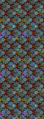 Raster çiçek desenleri çiziyor. Vadinin çiçekleri mavi ve siyah renklerde.