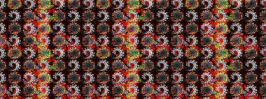 Parmak izi, kumaş, duvar kâğıdı, tekstil için raster dokusu. Renkli grunge, soyut arkaplanı siyah ve gri çiçeklerle süslüyor. Nakış desenli çiçek deseni..