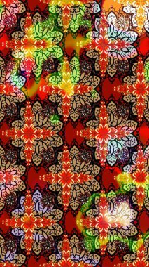 Kırmızı ve siyah renklerde. Raster illüstrasyonu. Çizim kalıbı. Hint süsü. Renkli süs kenarı. Çiçek duvar kağıdı.