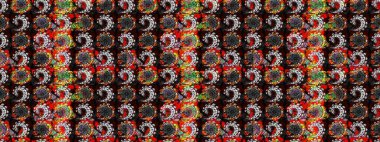 Parmak izi, kumaş, duvar kâğıdı, tekstil için raster dokusu. Renkli grunge, soyut arkaplanı siyah ve gri çiçeklerle süslüyor. Nakış desenli çiçek deseni..