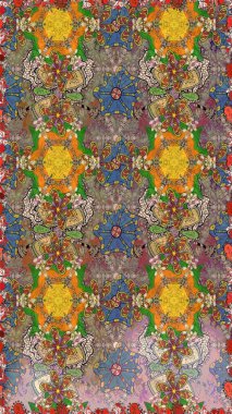 El çizimi çiçek unsurları olan soyut çizim raster deseni. Çiçekli ipek eşarp. Retro tekstil tasarım koleksiyonu. Kahverengi ve nötr, kahverengi ve nötr. 1950 'ler-1960' lar motifleri.