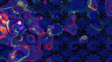 Küçük çiçekteki sevimli çiçek deseni. Varicoloblue ve siyah raster çizimi. Birçok mavi ve siyah soyut çiçekli tropikal çizim deseni.