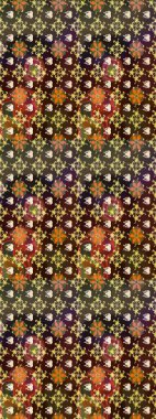 Çiçekli ipek eşarp. El çizimi çiçek unsurları olan soyut çizim raster deseni. 1950-1960 motifleri. Retro tekstil tasarım koleksiyonu. Kahverengi ve yeşil kahverengi ve yeşil.