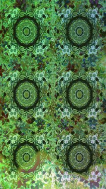 Yeşil ve gri renkte etnik çiçeklerle süslenmiş zarif bir eskiz. Raster Çiçek İllüstrasyonu güzel tekstil..