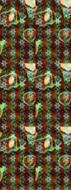 Raster illüstrasyonu. Yeşil ve kahverengi renklere karalamalar çizilmiş çiçek deseni.