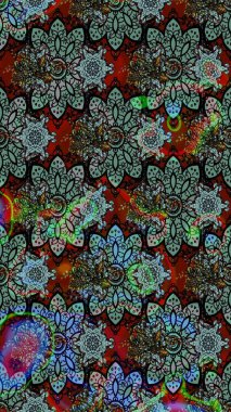 Renkli grunge, koyu siyah ve yeşil çiçeklerle soyut bir arka plan oluşturur. Nakış desenli çiçek deseni. İzler, kumaş, duvar kağıtları, tekstil için raster dokusu.