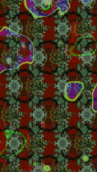 Yeşil ve kırmızı renkte etnik çiçeklerle süslenmiş zarif bir eskiz. Raster Çiçek İllüstrasyonu güzel tekstil..