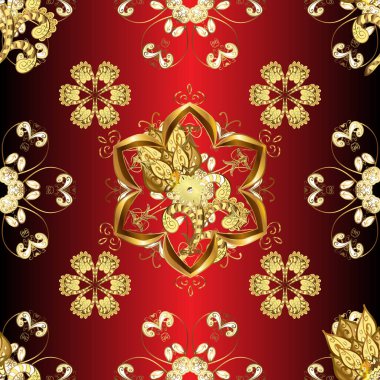 Kırmızı ve kahverengi renklerde, altın elementlerle kusursuz klasik desen. Noel, kar tanesi, yeni yıl. Kırmızı ve kahverengi renklerde altın sarısı desenler.