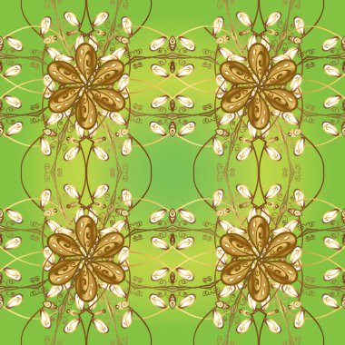 Yeşil ve kahverengi renklerde pürüzsüz desen. Doğu tarzı arabesk tarzında altın elementler. Kusursuz altın desenli bukleler. Vektör altın pürüzsüz desen.