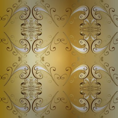 Vektör altın pürüzsüz desen. Sarı ve bej renklerde kusursuz desen. Doğu tarzı arabesk tarzında altın elementler. Kusursuz altın desenli bukleler..