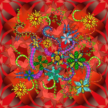 Doğulu stili, altın elementlerle kırmızı ve kahverengi renklerde altın desenli arabesk yapar. Kusursuz kıvırcık saçlar. Altın desen.