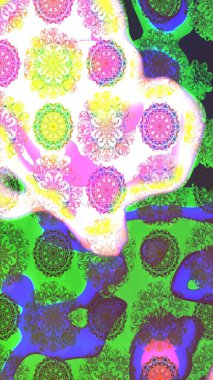 Çiçekleri, deniz kabukları, mandalaları ve suluboya efektleriyle donanma geçmişi. Yatak çarşafları, ceket, paket tasarımı, kumaş ve moda kavramları için tekstil baskısı. Çizim kalıbı etnik tasarım.