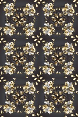 Klasik klasik klasik arka plan. Altın elementlerle renklendirilmiş kusursuz desen. Klasik raster sarısı, kusursuz desen. Geleneksel oryantasyon süsü.