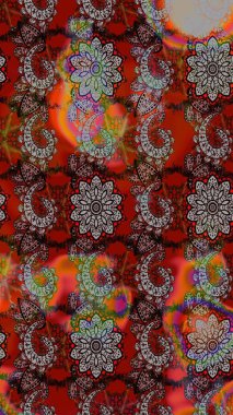 Raster illüstrasyonu. Renkli süs kenarı. Çiçek duvar kağıdı. Hint süsü. Kahverengi ve kırmızı renklerde. Çizim deseni.