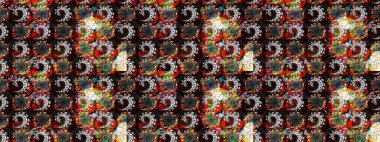 Parlak renkli çiçekleri ve siyah ve gri renkli yaprakları olan harika bir çiçek deseni. Modern çiçek arkaplanı. Halk tarzı. Moda baskıları için zarif bir şablon.