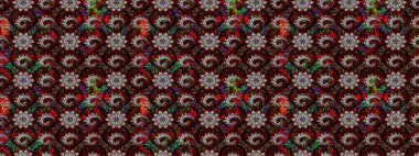 Sevimli çiçek raster deseni. Renkli Bahar Teması eskiz kalıbı. Siyah ve kahverengi renkte çiçekler. Düz Çiçek Elementleri Tasarımı.