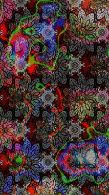 Raster illüstrasyonu. Raster deseni. Yumuşak, bahar çiçekleri siyah ve gri renklerde. Patlayan çiçekler soyut yerleştirilmiş.