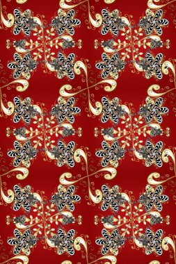 Geleneksel raster ve altın desen. Damask pürüzsüz süsü. Klasik oryantal desen kırmızı, kahverengi ve bej renkler üzerine.