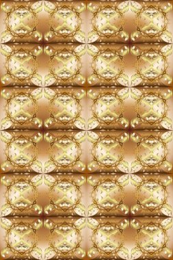 Raster illüstrasyonu. Altın elementli bej, kahverengi ve nötr renklerde klasik dikişsiz desen.