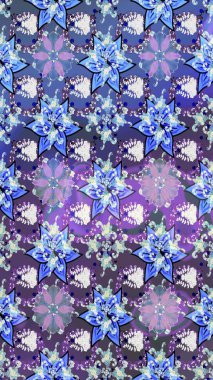 Raster illüstrasyonundaki çiçek desenli çizim. Mavi ve mor renkte çiçekler.