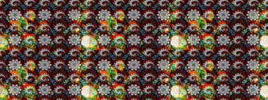 Ağaç dallı bahar çiçekleri, siyah ve kırmızı renkler ve çiçek silueti. Raster deseni.