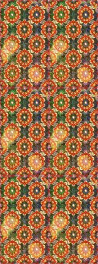 Senin tasarımın için, duvar kağıdı. Raster geometrik arka plan. Altın rengi, kusursuz çizim. Kahverengi ve turuncu renklerde altın desenli altın çiçekli elementler.