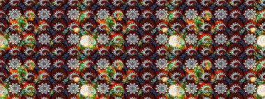 Raster illüstrasyonu. Yumuşak, bahar çiçekleri siyah ve kırmızı renklerde. Patlayan çiçekler soyut olarak yerleştirilmiş. Raster deseni.