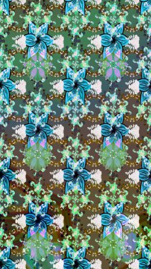 Çiçek desenleri yeşil ve mavi renklerde, el yapımı papatyalar, papatyalar. Tekrarlayan çiçek arkaplanı, zarif yeşil ve mavi çiçekler duvar kağıdı.