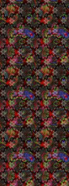 Modern çiçek arkaplanı. Halk tarzı. Parlak renkli çiçekleri ve siyah ve kahverengi renkte yaprakları olan harika bir çiçek deseni. Moda baskıları için zarif bir şablon.