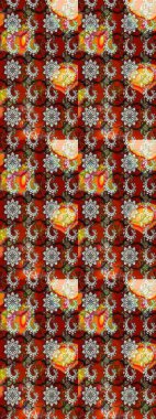 Çiçek duvar kağıdı. Çizim kalıbı. Kahverengi ve kırmızı renklerde. Raster illüstrasyonu. Renkli süs kenarı. Hint süsü..