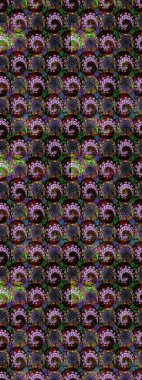 Kumaş, tekstil, duvar kağıdı baskısı için. Raster illüstrasyonu. Renkli desenli eskiz deseni, siyah ve kahverengi çiçekler ve dekoratif elementler. Eski usul. Taslak arkaplan.