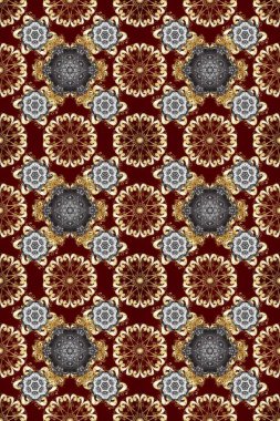 Gri, kahverengi ve bej renkli geleneksel Arap dekoru. Duvar kâğıdı için altın süslü bir illüstrasyon. Çiçekli süslemeli, pürüzsüz bir desen. Dantelli iz sürücü. Doğu tarzında vintage tasarım ögesi.