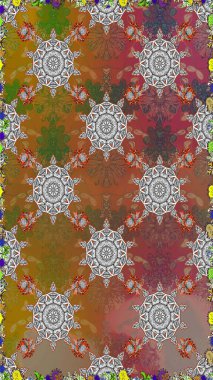 Eski usul. Renkli şal desenli, kahverengi ve gri çiçekli ve dekoratif elementli kusursuz desen. Raster illüstrasyonu. Kusursuz bir geçmişi var. Kumaş, tekstil ve duvar kağıdı baskısı için..